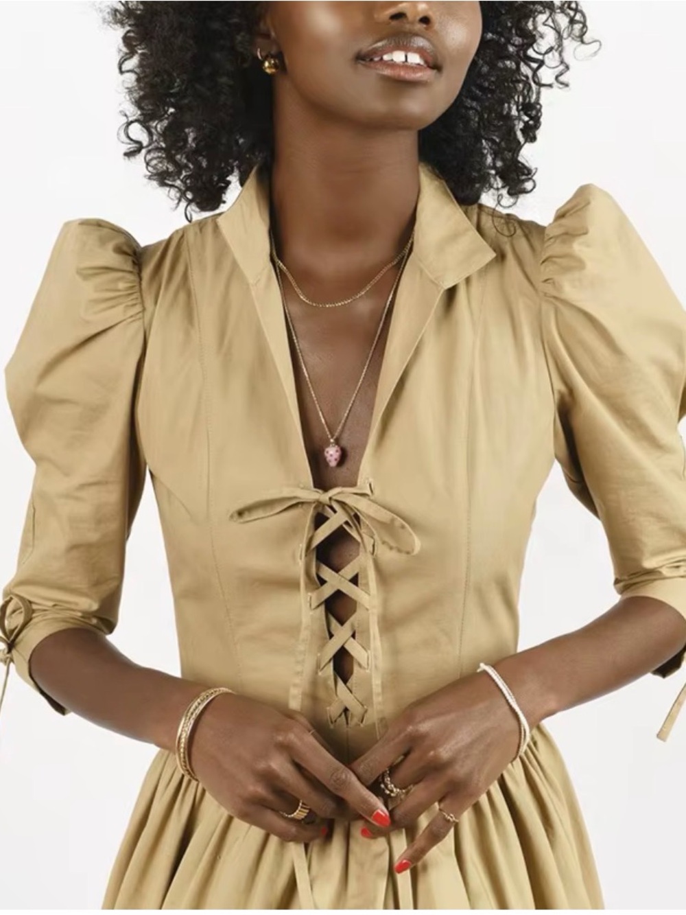 Maryam Nassir Zadeh Lace-Up Tan Puff Sleeve Cotton Midi Dress